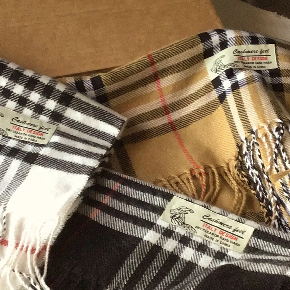 Scarves! Three-New in Box- Unisex.72x12” Cashmere Feel,Blk,Wht and aTan Plaid. - Picture 1 of 4